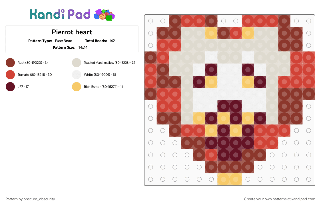 Pierrot heart - Fuse Bead Pattern by obscure_obscurity on Kandi Pad - beige, heart, juster, pierrot, red, tfc