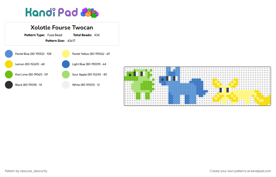 Xolotle Fourse Twocan - Fuse Bead Pattern by obscure_obscurity on Kandi Pad - bfb, four, green, light blue, osc, tpot, two, x, yellow