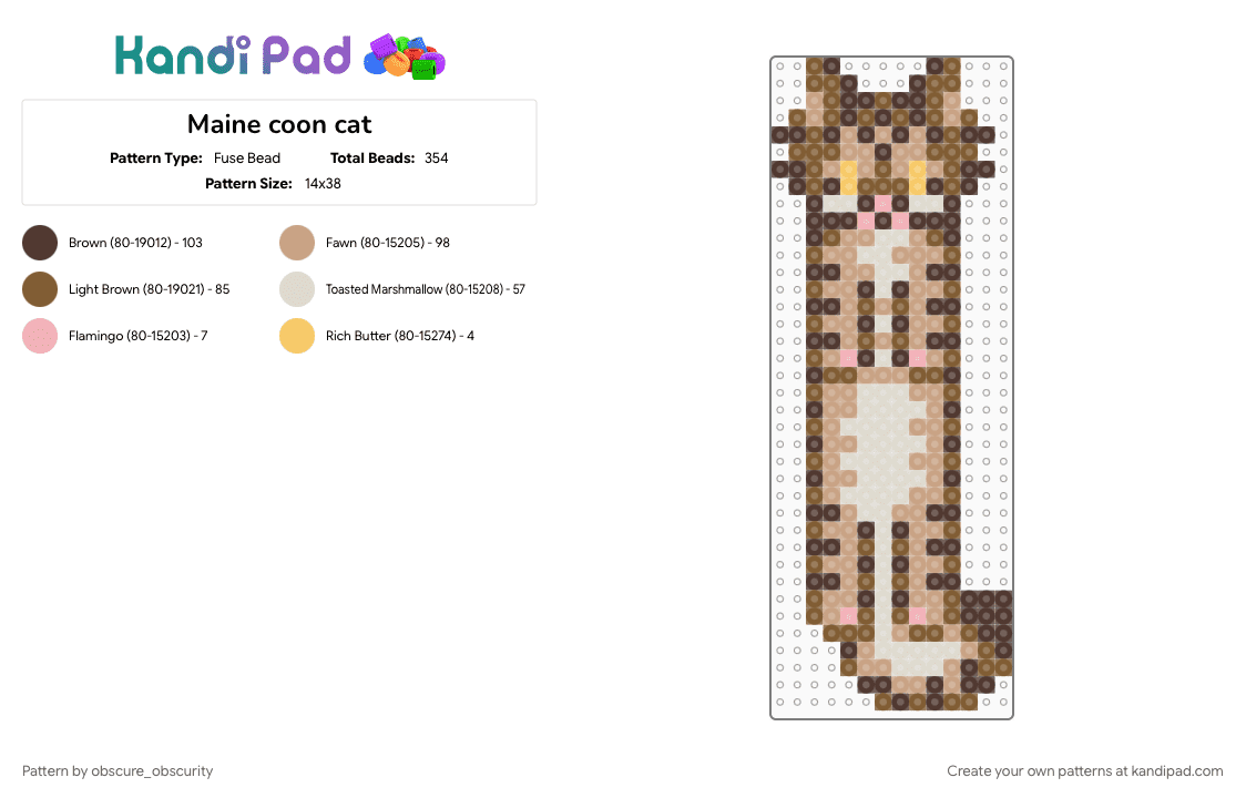 Maine coon cat - Fuse Bead Pattern by goofball0xo on Kandi Pad - beige, brown, cat, dangle, doll, maine coon, tabby, tan