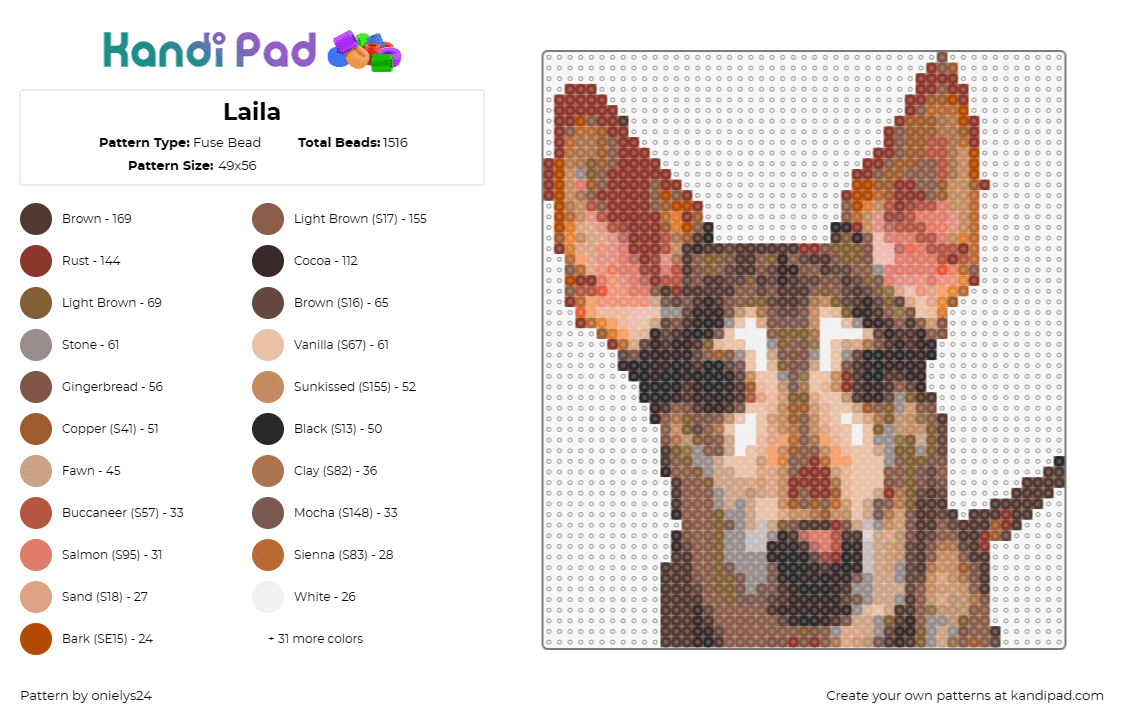 Laila - Fuse Bead Pattern by onielys24 on Kandi Pad - dog,portrait,animal,pet,companion,lifelike,faithful,brown