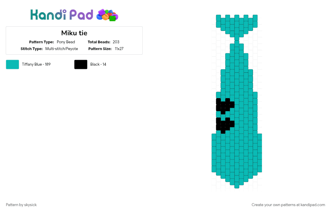 Miku tie - Pony Bead Pattern by skysick on Kandi Pad - teal