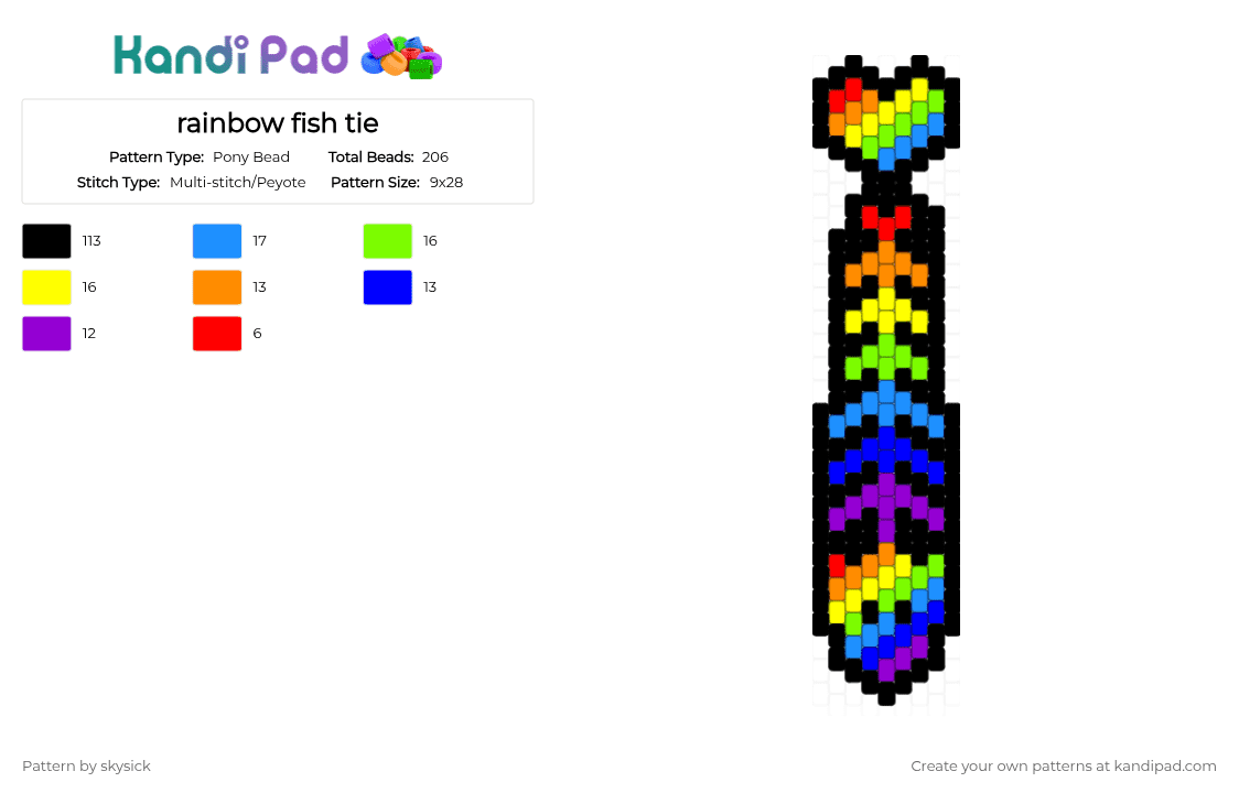rainbow fish tie - Pony Bead Pattern by skysick on Kandi Pad - black,light blue,purple,colorful