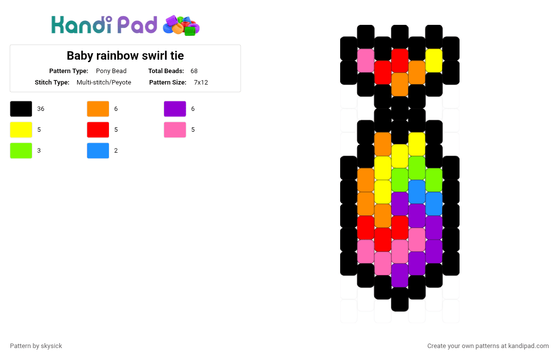 Baby rainbow swirl tie - Pony Bead Pattern by skysick on Kandi Pad - black,orange,pink,colorful