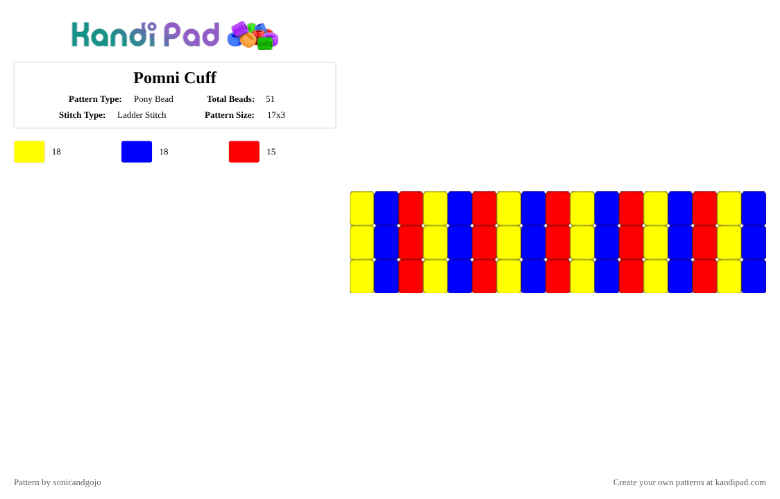Pomni Cuff - Pony Bead Pattern by sonicandgojo on Kandi Pad - yellow,purple,tadc,pomni,the amazing digital circus,red,blue