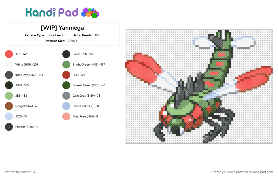 Yanmega - Fuse Bead Pattern by timvdp314 on Kandi Pad - green, pokemon, purple, red, yanmega