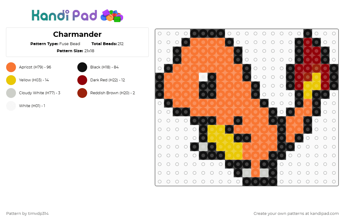 Charmander - Fuse Bead Pattern by timvdp314 on Kandi Pad - orange,pokemon,hama,charmander