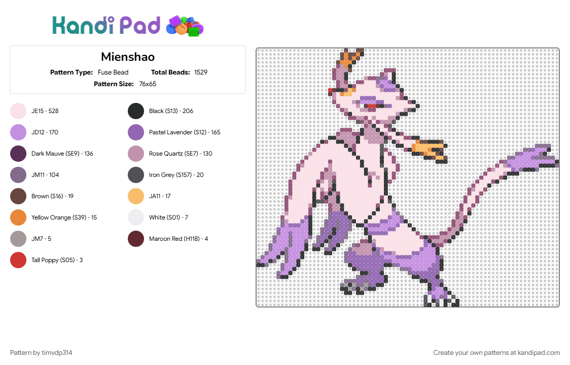 Mienshao - Fuse Bead Pattern by timvdp314 on Kandi Pad - mienshao, pink, pokemon, white
