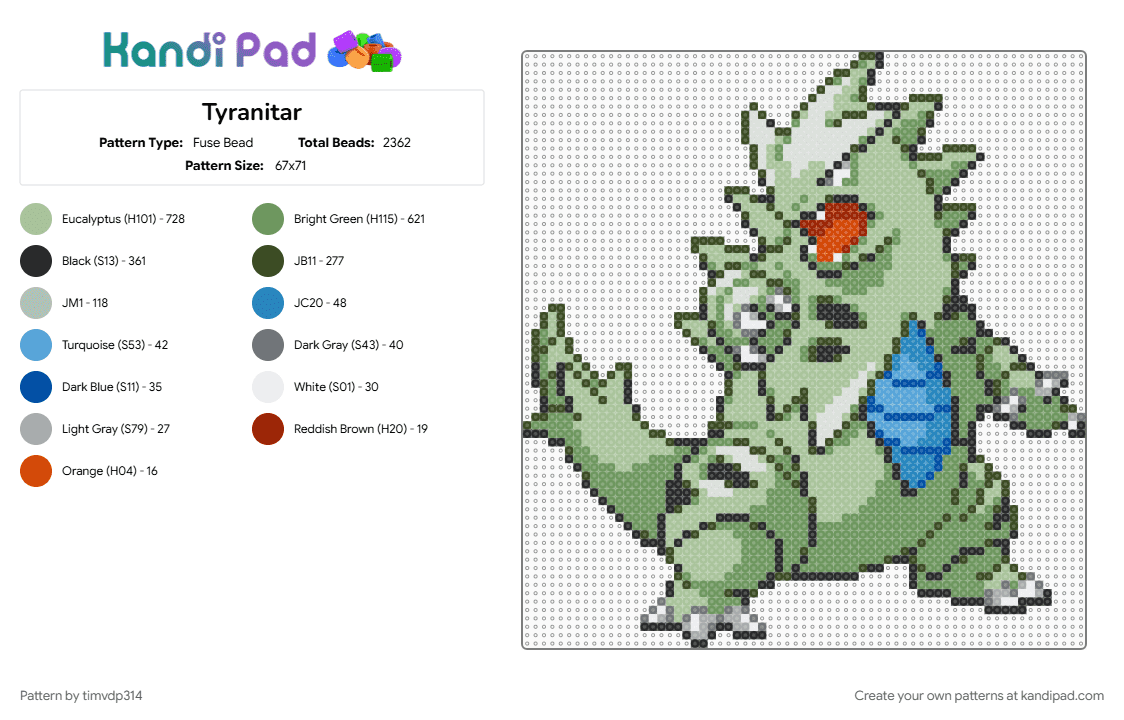 Tyranitar - Fuse Bead Pattern by timvdp314 on Kandi Pad - green, pokemon, teal, tyranitar