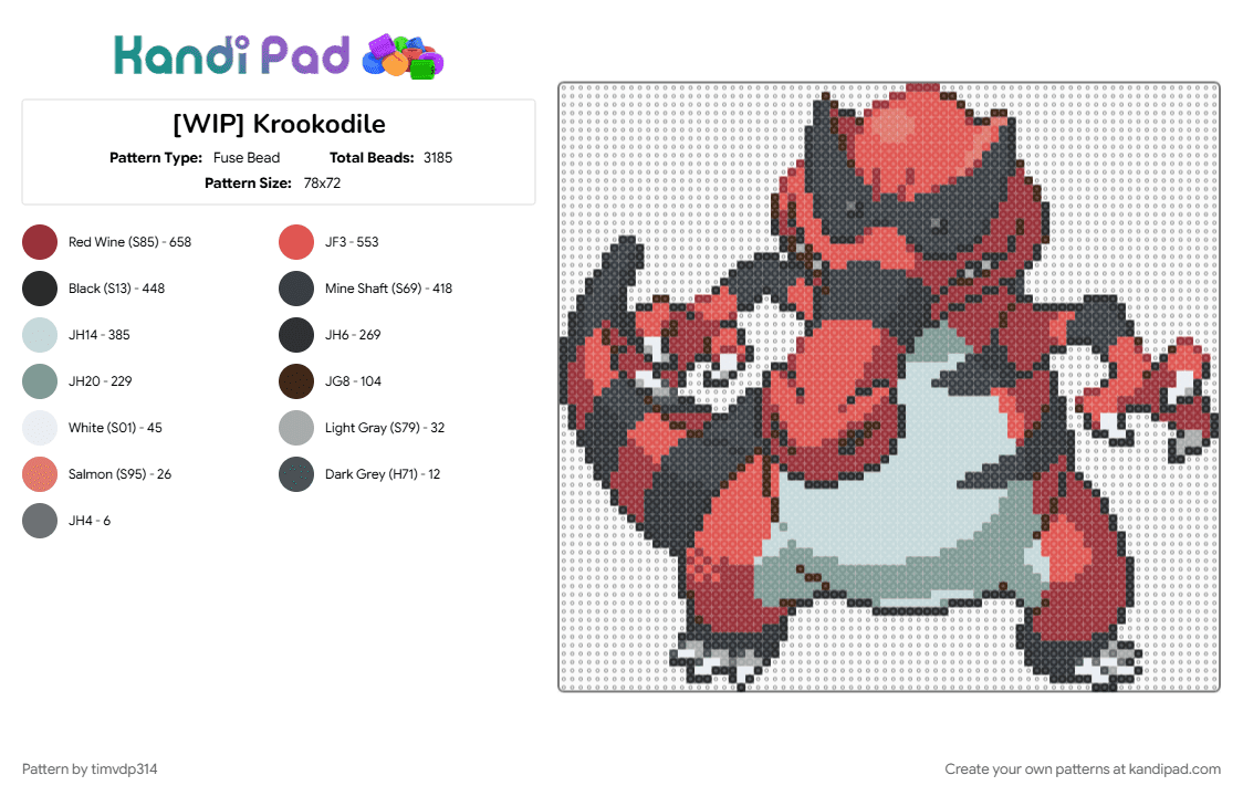 Krookodile - Fuse Bead Pattern by timvdp314 on Kandi Pad - krookodile, pokemon, red