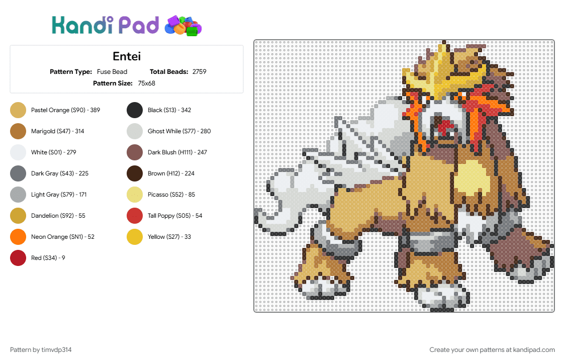 Entei - Fuse Bead Pattern by timvdp314 on Kandi Pad - entei, gray, orange, pokemon, tan