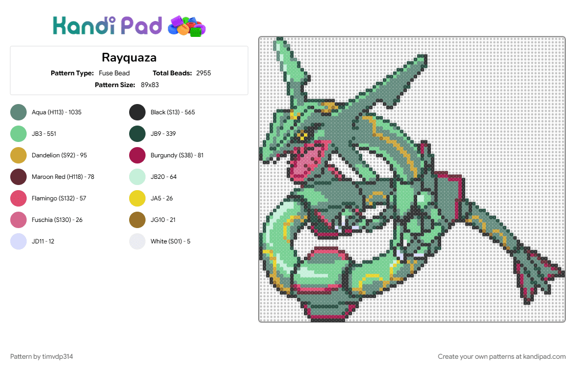 Rayquaza - Fuse Bead Pattern by timvdp314 on Kandi Pad - pokemon, rayquaza, teal