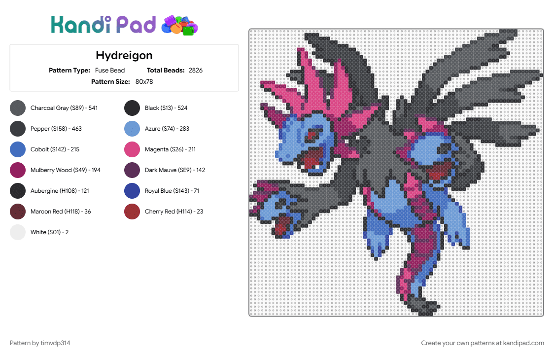 Hydreigon - Fuse Bead Pattern by timvdp314 on Kandi Pad - gray, light blue, pink