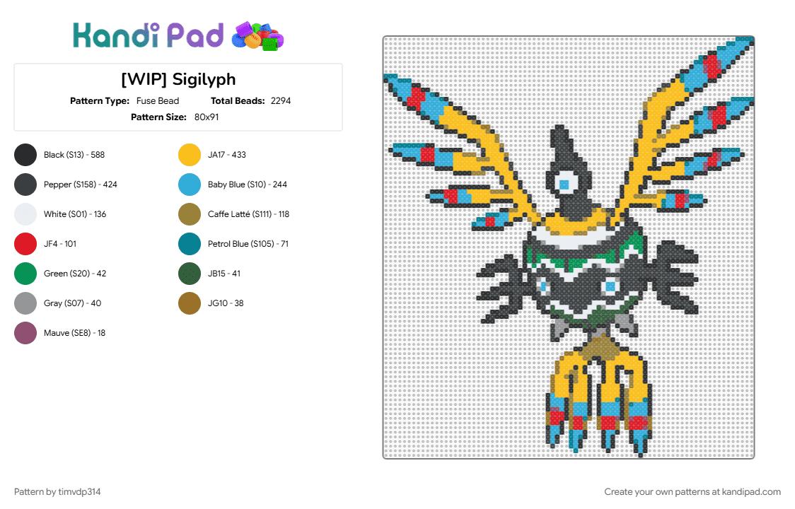Sigilyph - Fuse Bead Pattern by timvdp314 on Kandi Pad - black, gold, light blue, pokemon, sigilyph, yellow