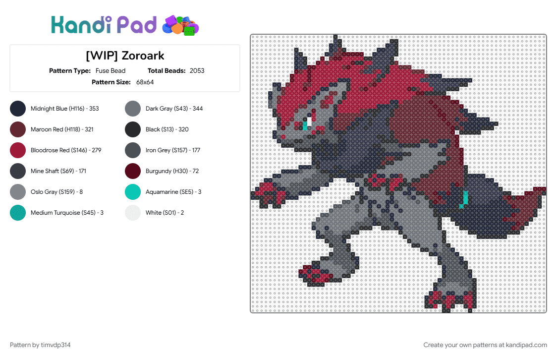 Zoroark - Fuse Bead Pattern by timvdp314 on Kandi Pad - brown, gray, pokemon, purple, red, zoroark