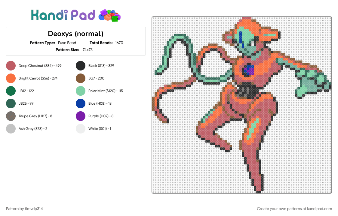 Deoxys (normal) - Fuse Bead Pattern by timvdp314 on Kandi Pad - deoxys, orange, pokemon, red, tan, teal
