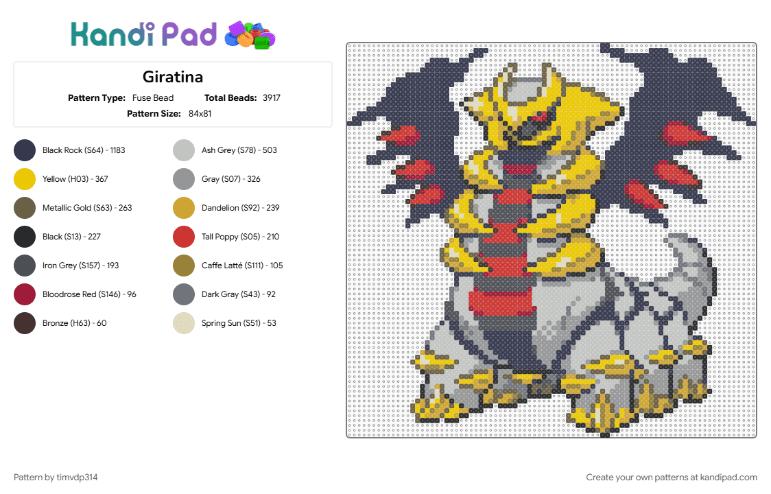 Giratina - Fuse Bead Pattern by timvdp314 on Kandi Pad - beige, giratina, gray, pokemon, purple, yellow