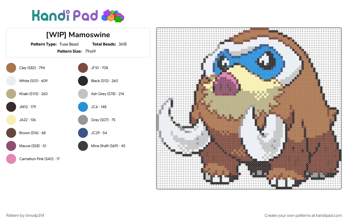 Mamoswine - Fuse Bead Pattern by timvdp314 on Kandi Pad - beige, brown, mamoswine, pokemon, tan