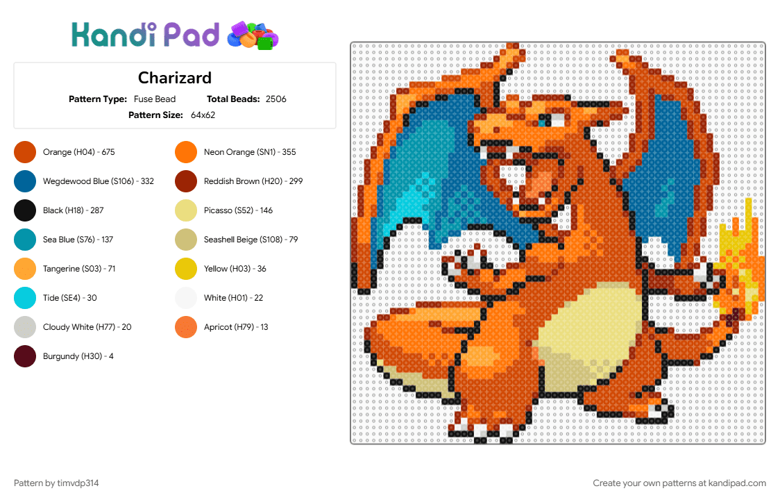 Charizard - Fuse Bead Pattern by timvdp314 on Kandi Pad - blue, charizard, orange, pokemon, red