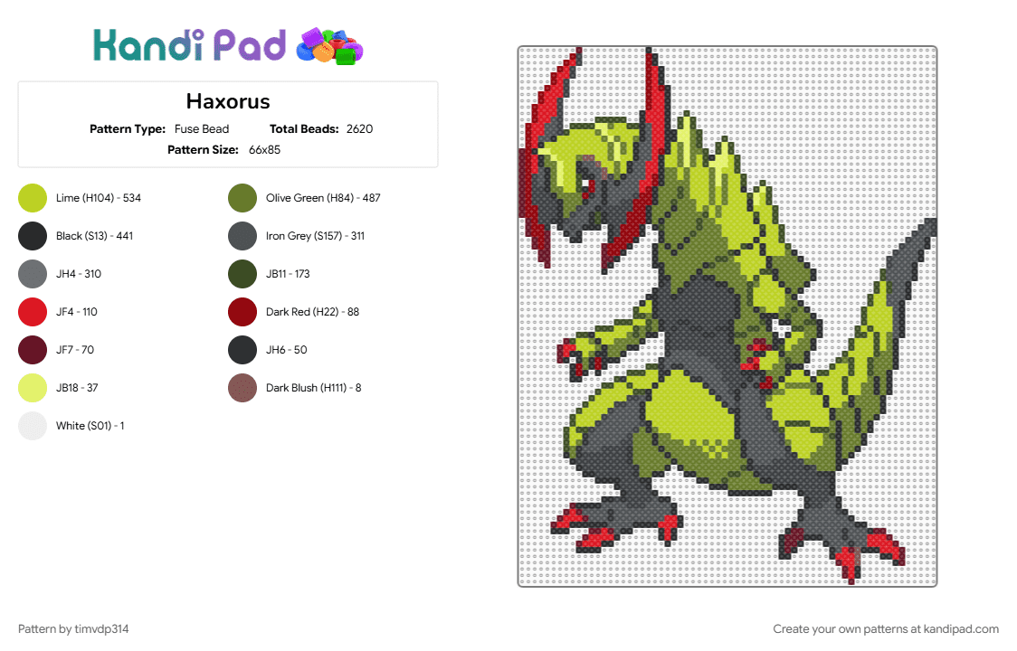 Haxorus - Fuse Bead Pattern by timvdp314 on Kandi Pad - gold, gray, green, haxorus, pokemon