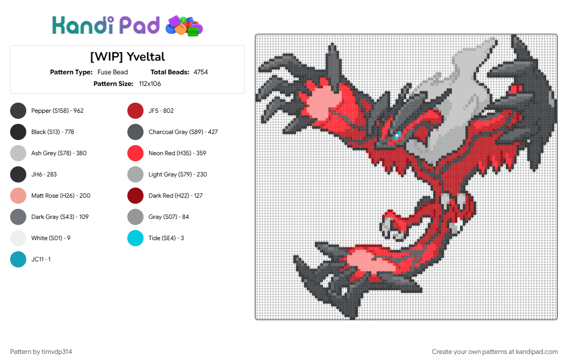 Yveltal - Fuse Bead Pattern by timvdp314 on Kandi Pad - beige, gray, pokemon, red, yveltal