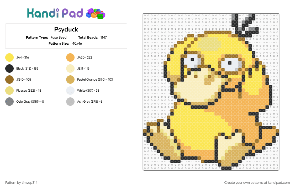 Psyduck - Fuse Bead Pattern by timvdp314 on Kandi Pad - orange, pokemon, psyduck, yellow