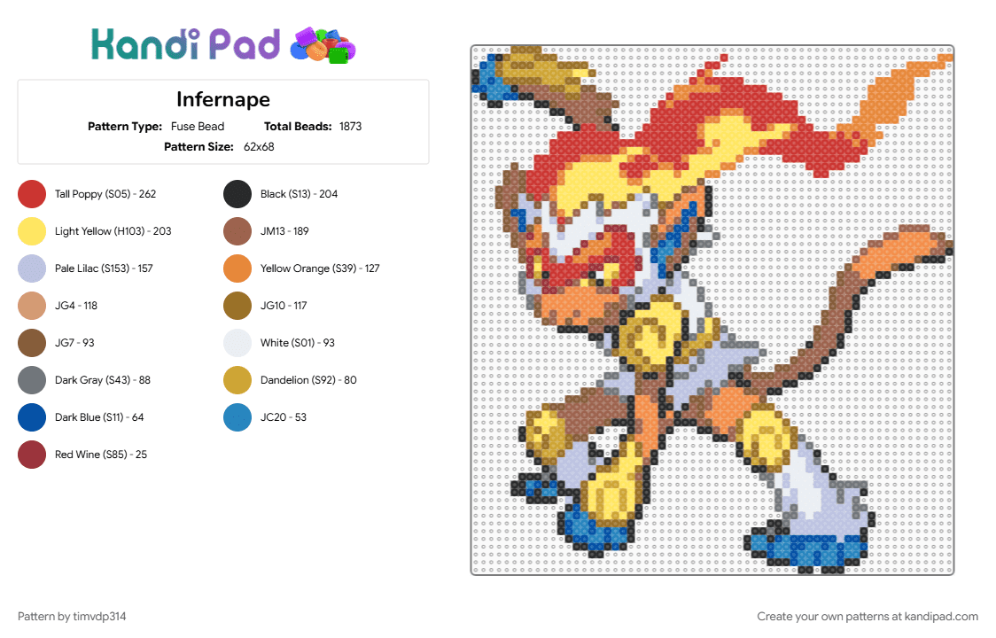 Infernape - Fuse Bead Pattern by timvdp314 on Kandi Pad - infernape, orange, pokemon, red, tan, yellow