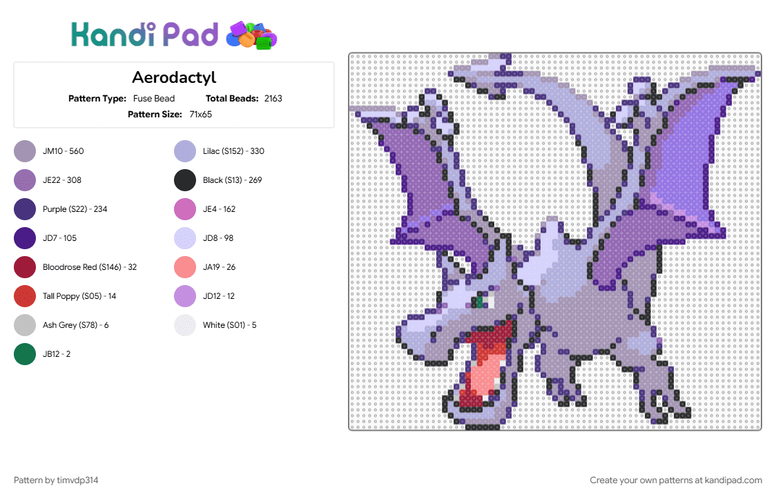 Aerodactyl - Fuse Bead Pattern by timvdp314 on Kandi Pad - aerodactyl, gray, pink, pokemon, purple