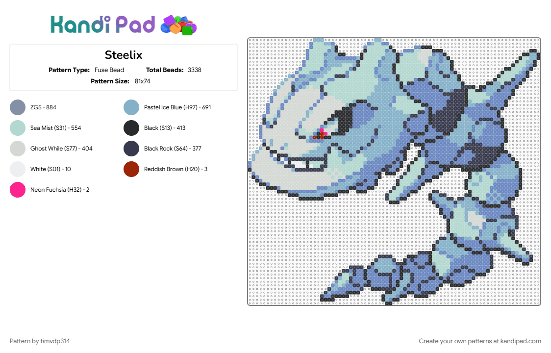 Steelix - Fuse Bead Pattern by timvdp314 on Kandi Pad - blue, light blue, pokemon, steelix