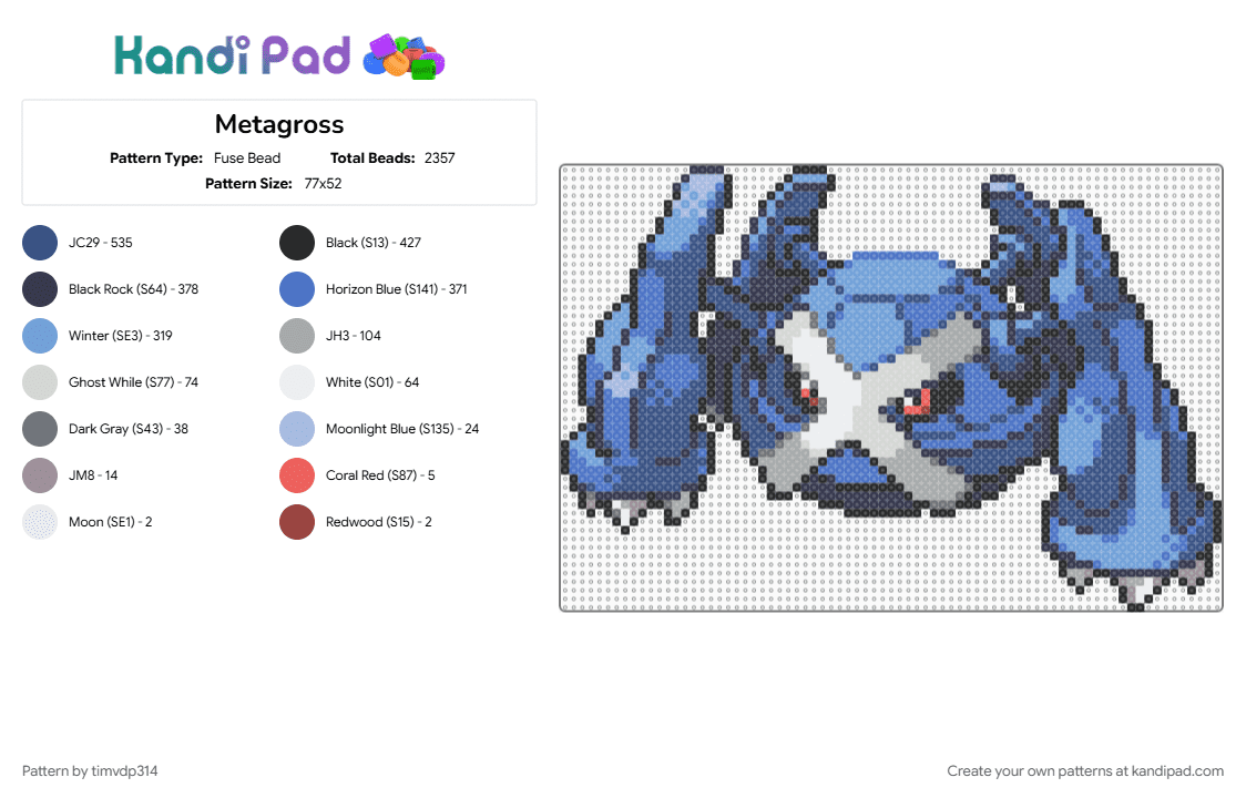Metagross - Fuse Bead Pattern by timvdp314 on Kandi Pad - blue, light blue, metagross, pokemon, purple