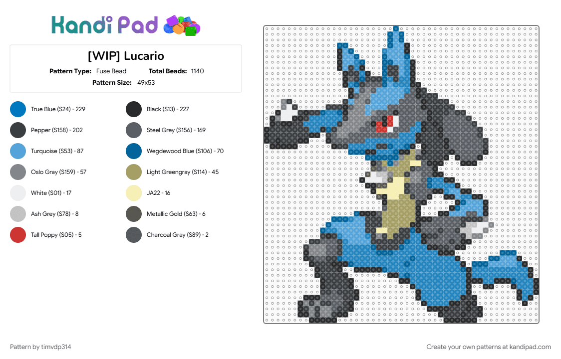 Lucario - Fuse Bead Pattern by timvdp314 on Kandi Pad - gray, light blue, lucario, pokemon
