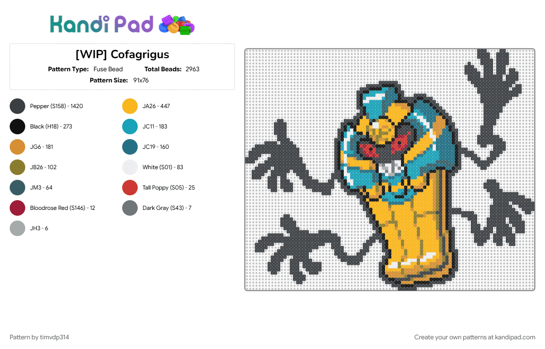 Cofagrigus - Fuse Bead Pattern by timvdp314 on Kandi Pad - black, blue, cofagrigus, orange, pokemon, teal