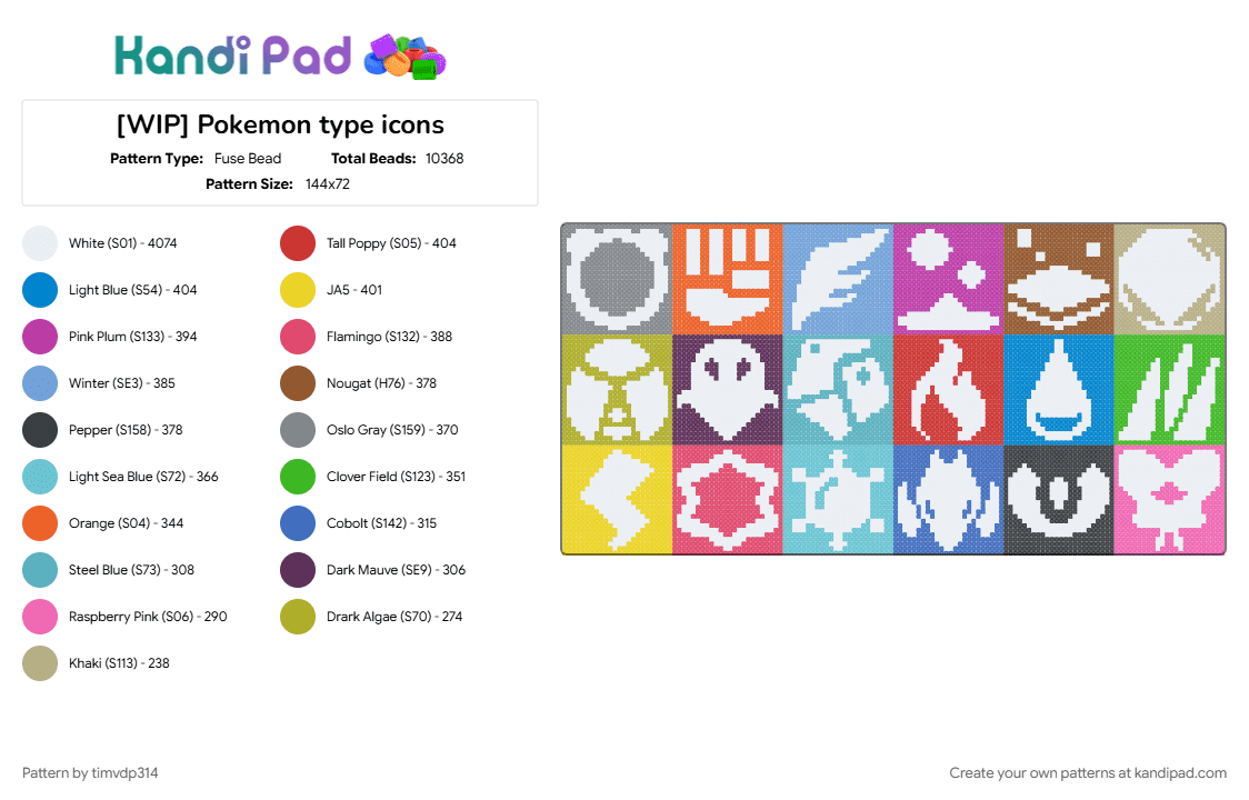 Pokemon type icons (24x24) - Fuse Bead Pattern by timvdp314 on Kandi Pad - blue, colorful, green, pink, pokemon, white