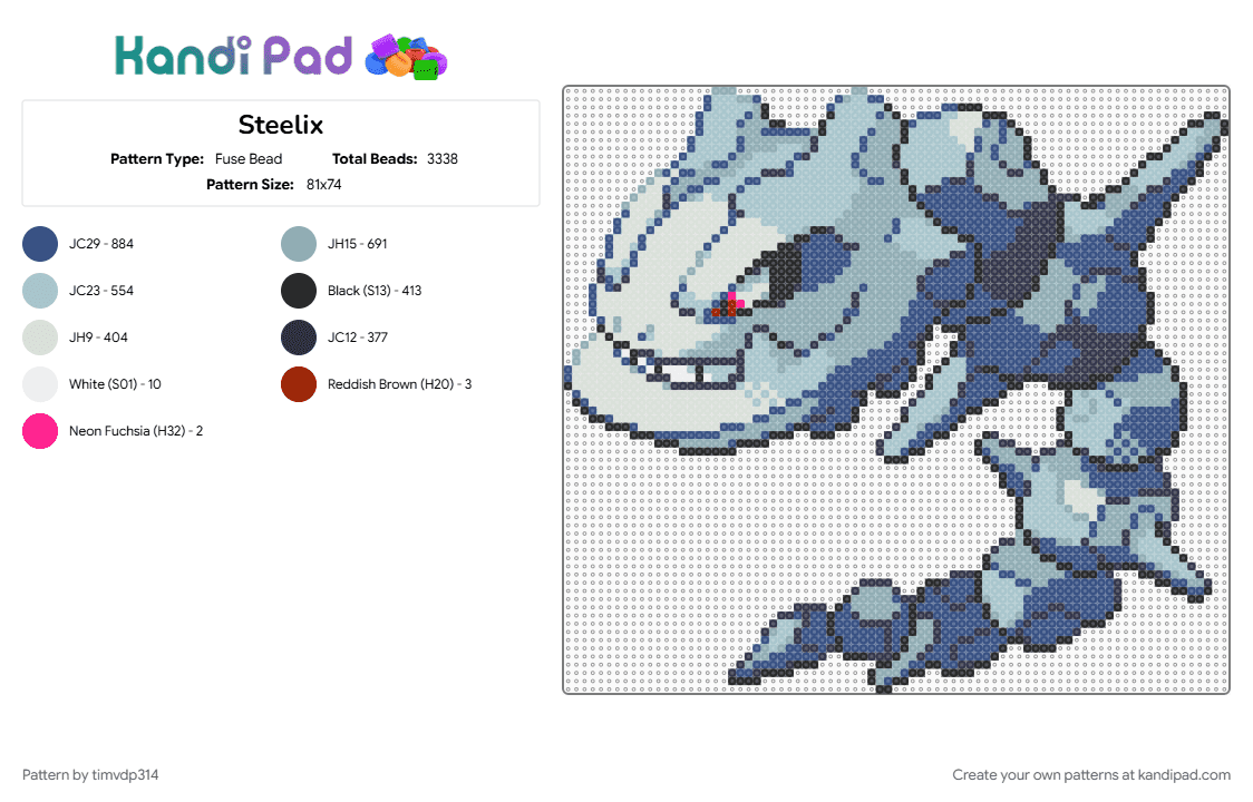 Steelix - Fuse Bead Pattern by timvdp314 on Kandi Pad - blue, light blue, pokemon, steelix