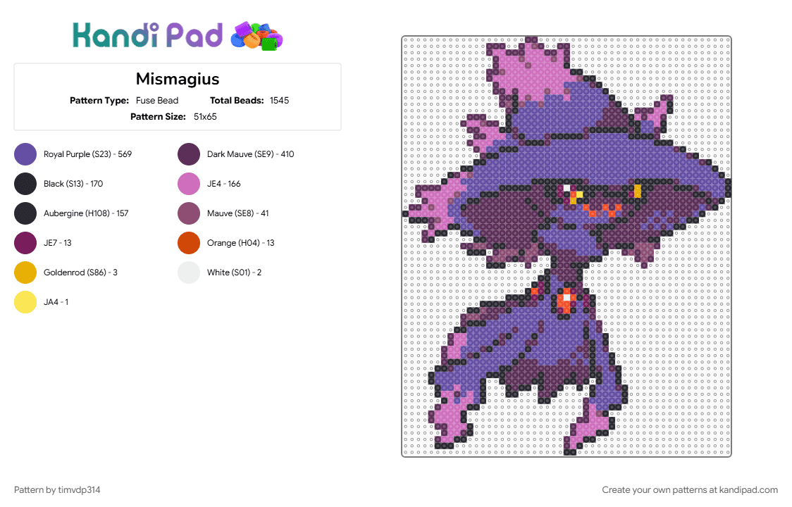 Mismagius - Fuse Bead Pattern by timvdp314 on Kandi Pad - mismagius, pink, pokemon, purple