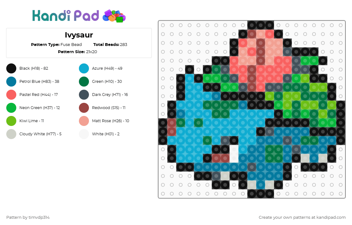 Ivysaur - Fuse Bead Pattern by timvdp314 on Kandi Pad - green,light blue,blue,pokemon,hama,ivysaur