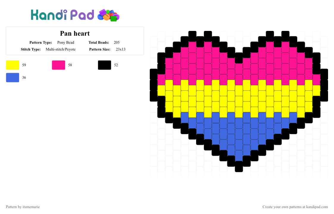 Pan heart - Pony Bead Pattern by itsmemarie on Kandi Pad - pink,yellow
