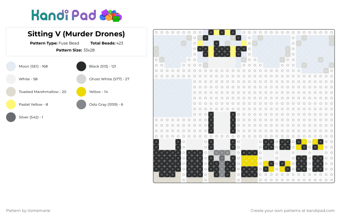 Sitting V (Murder Drones) - Fuse Bead Pattern by itsmemarie on Kandi Pad - white,yellow,beige