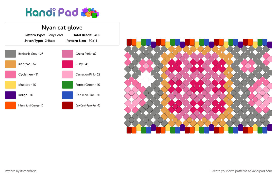 Nyan cat glove - Pony Bead Pattern by itsmemarie on Kandi Pad - 