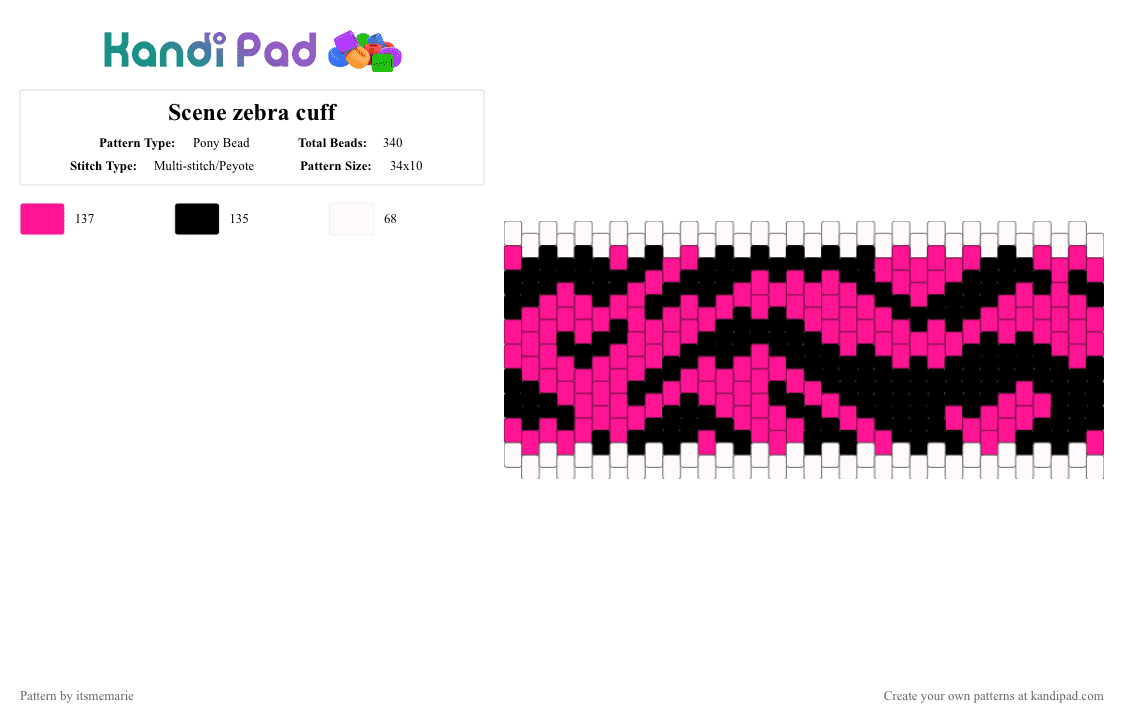 Scene zebra cuff - Pony Bead Pattern by itsmemarie on Kandi Pad - pink, white
