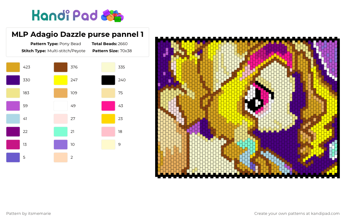 MLP Adagio Dazzle purse pannel 1 - Pony Bead Pattern by itsmemarie on Kandi Pad - purple,yellow,red,orange