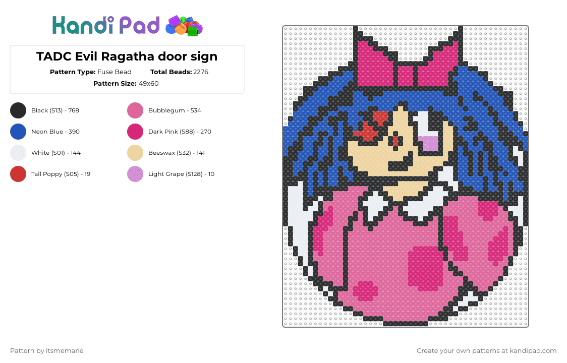 TADC Evil Ragatha door sign - Fuse Bead Pattern by itsmemarie on Kandi Pad - blue,pink
