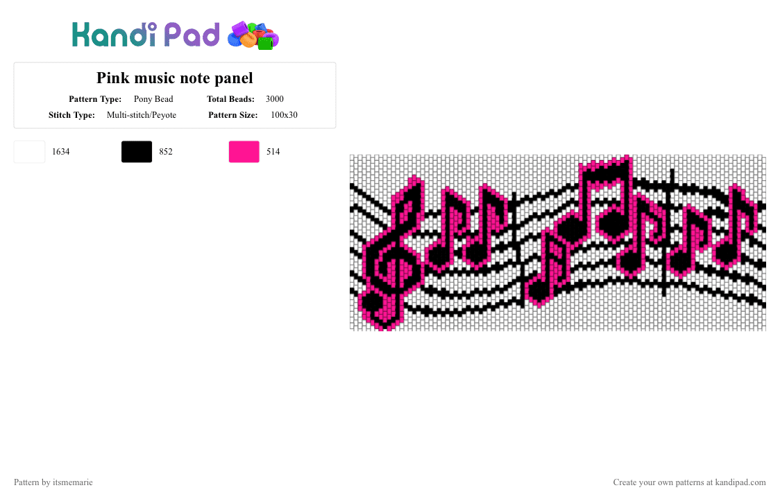 Pink music note panel - Pony Bead Pattern by itsmemarie on Kandi Pad - white