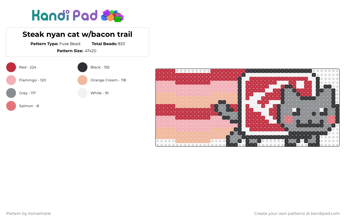Steak nyan cat w/bacon trail - Fuse Bead Pattern by itsmemarie on Kandi Pad - red,beige