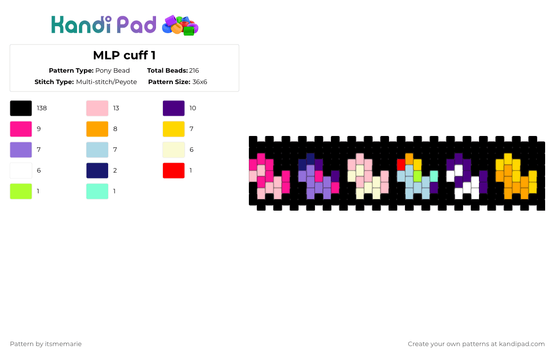 MLP cuff 1 - Pony Bead Pattern by itsmemarie on Kandi Pad - black,pink,purple,orange