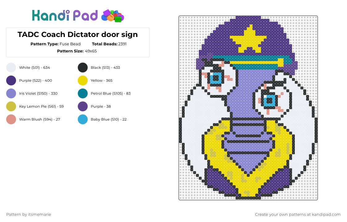 TADC Coach Dictator door sign - Fuse Bead Pattern by itsmemarie on Kandi Pad - purple,yellow,blue