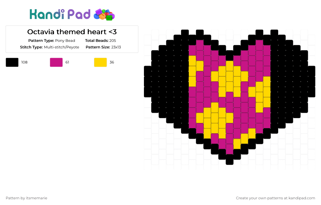 Octavia themed heart - Pony Bead Pattern by itsmemarie on Kandi Pad - pink,yellow