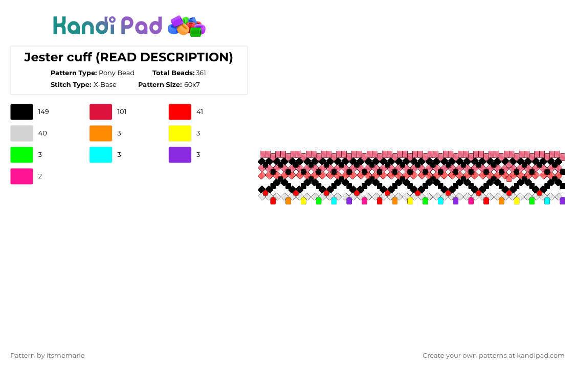Jester cuff (READ DESCRIPTION) - Pony Bead Pattern by itsmemarie on Kandi Pad - black,red