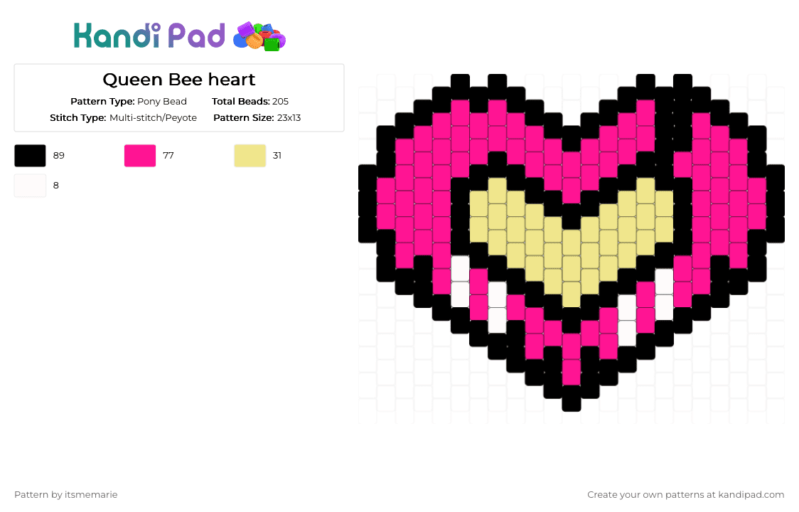 Queen Bee heart - Pony Bead Pattern by itsmemarie on Kandi Pad - yellow,pink