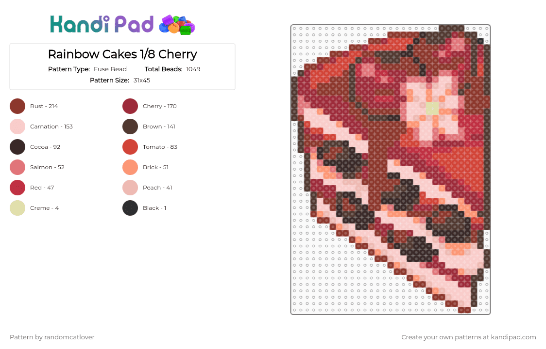 Rainbow Cakes 1/8 Cherry - Fuse Bead Pattern by randomcatlover on Kandi Pad - brown,red,beige,cake,sweet,cherry,cakes,sweets