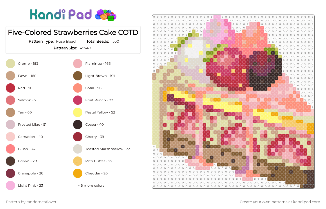Five-Colored Strawberries Cake COTD - Fuse Bead Pattern by randomcatlover on Kandi Pad - beige,red,yellow,cotdcakes,cake,cakes,strawberry,strawberries,sweet,sweets,cute